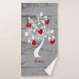 Red Tree of Hearts Personalized Bath Towel Set