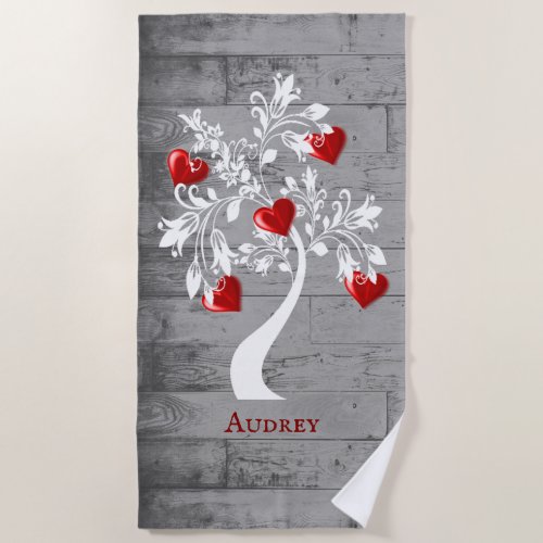 Red Tree of Hearts Personalized Beach Towel