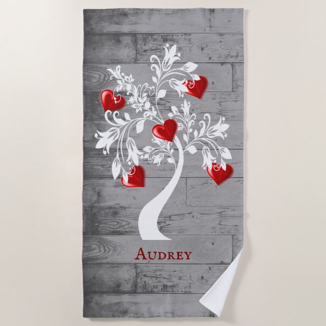Red Tree of Hearts Personalized Beach Towel (Front)