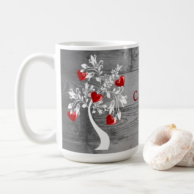 Red Tree of Hearts Personalized Coffee Mug (With Donut)
