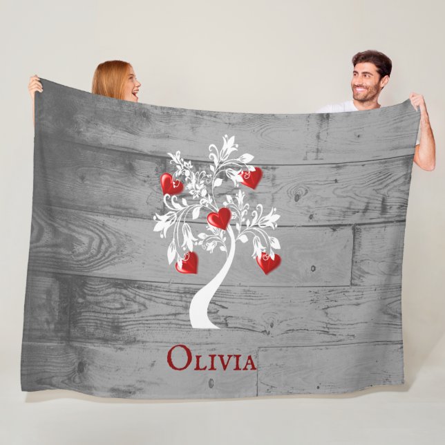 Red Tree of Hearts Personalized Fleece Blanket (In Situ)