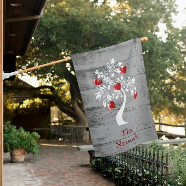Red Tree of Hearts Personalized House Flag (In SItu)
