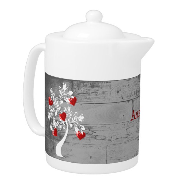 Red Tree of Hearts Personalized Teapot (Left)
