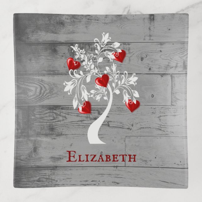 Red Tree of Hearts Personalized Trinket Tray (Front)
