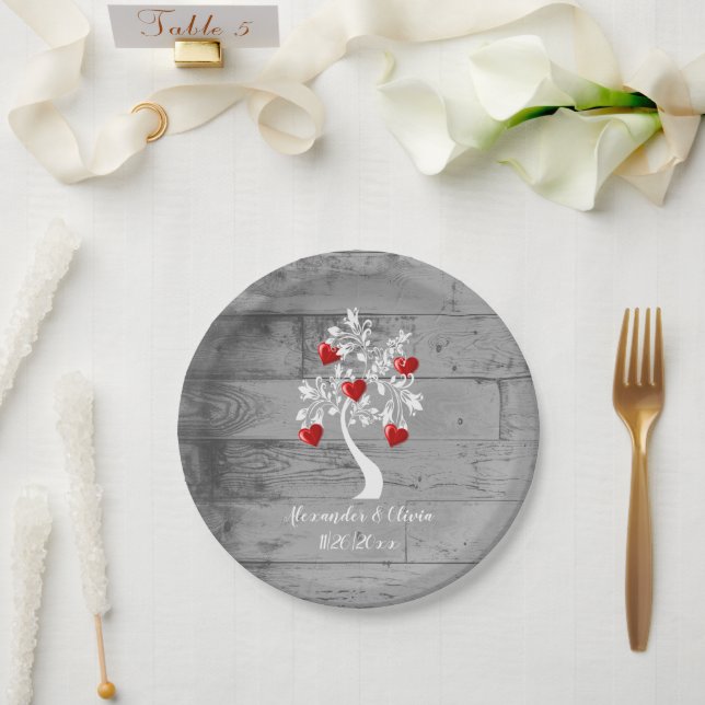 Red Tree of Hearts Wedding Paper Plate (Wedding)