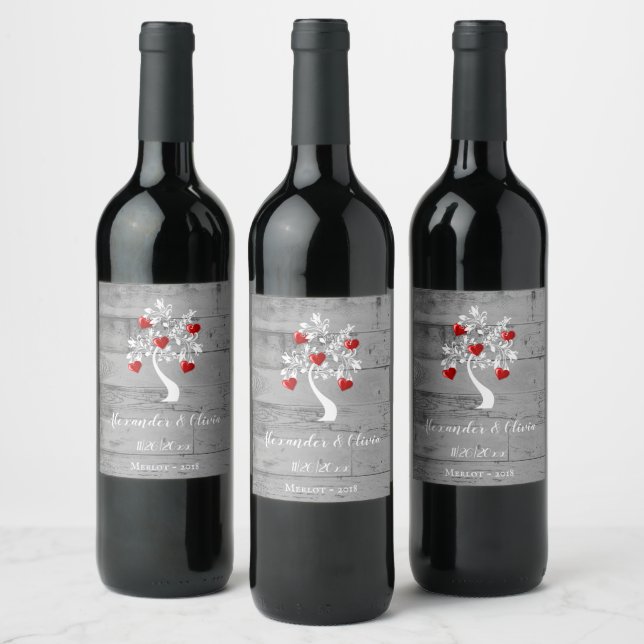 Red Tree of Hearts Wedding Wine Label (Bottles)