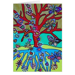 Red Tree of Life Falling Hearts Butterflies Cards