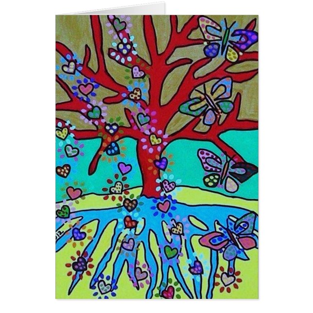 Red Tree of Life Falling Hearts Butterflies Cards (Front)