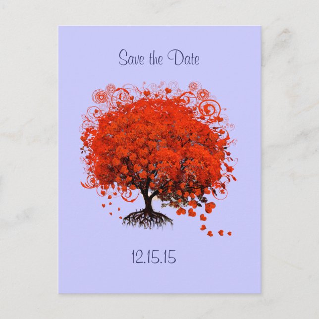 Red Tree on Perwinkle Wedding Save the Date Announcement Postcard (Front)