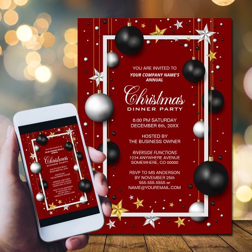 Red Tree Ornaments Corporate Christmas Dinner Invitation