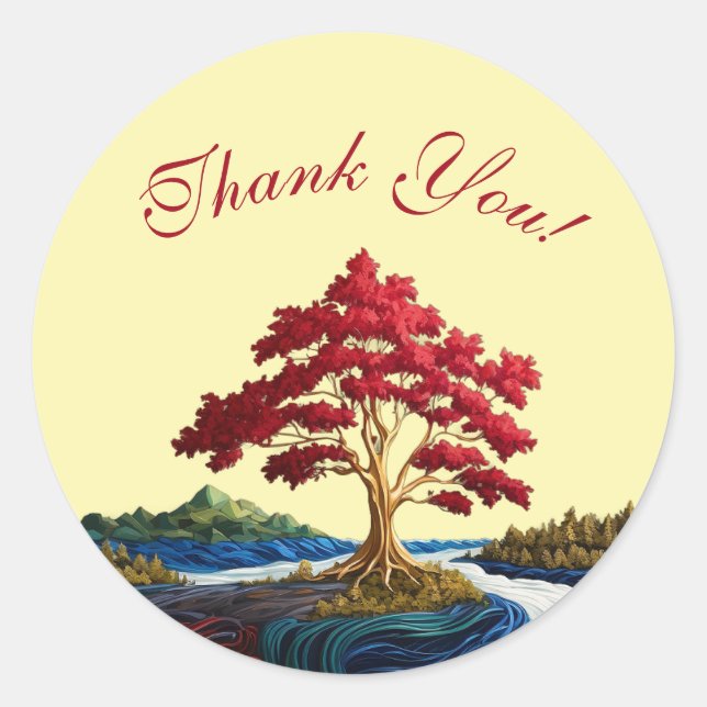 Red Tree River/Forest/Mountains Thank You Stickers (Front)