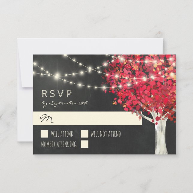 Red Tree & String Lights Autumn Wedding RSVP (Front)