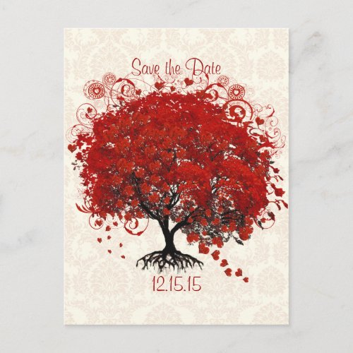 Red Tree Wedding Save The Date Silver Cloud Damask Announcement Postcard