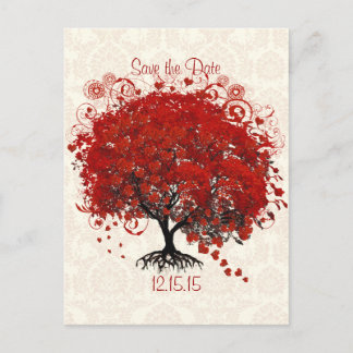 Red Tree Wedding Save The Date Silver Cloud Damask Announcement Postcard