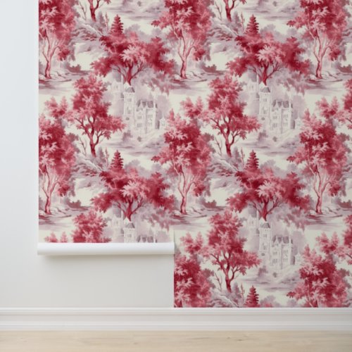 Red Trees and Castle French Toile Wallpaper