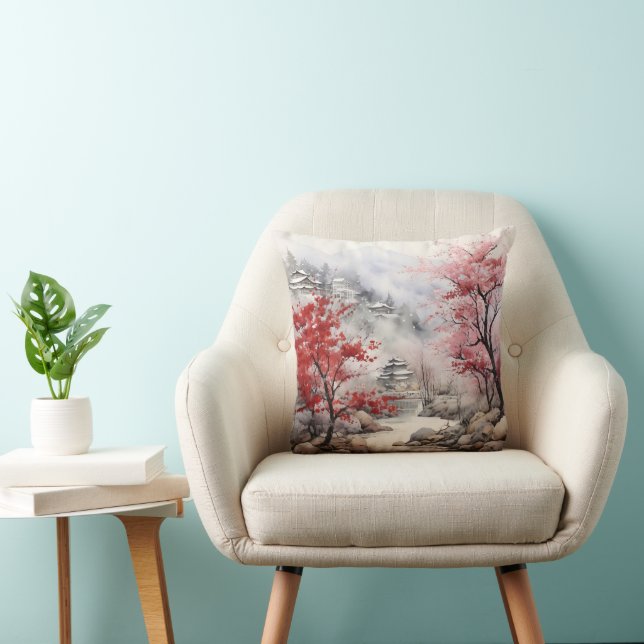Red Trees over River  Throw Pillow (Chair)