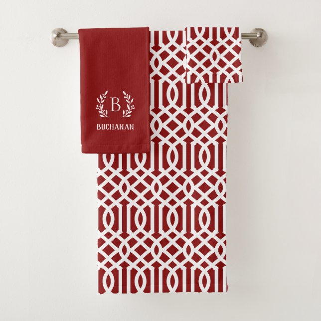 Red Trellis Branch Monogram Bath Towel Set (Insitu)