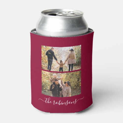 Red Trendy Script 2 Photo Collage Custom Can Cooler