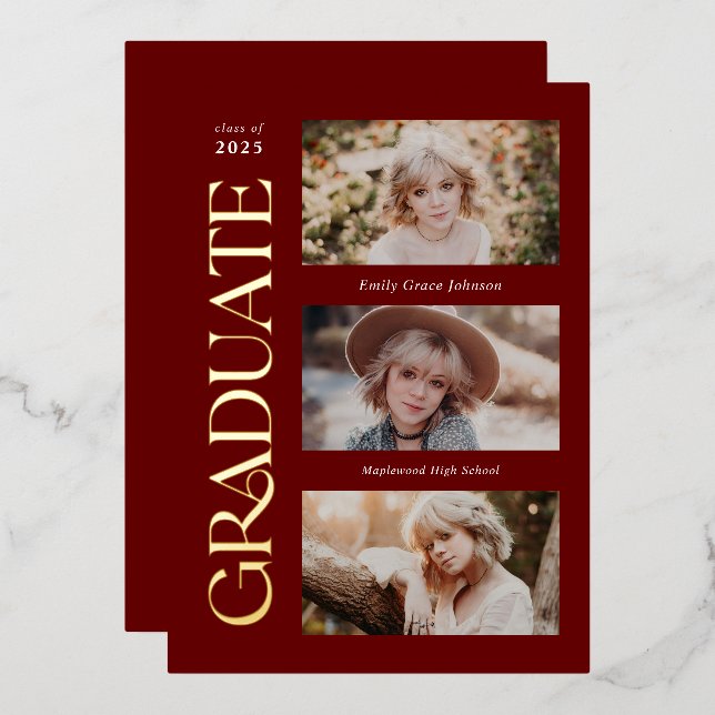 Red Trendy Serif Multiple Photo Graduation  Foil Invitation (Front/Back)