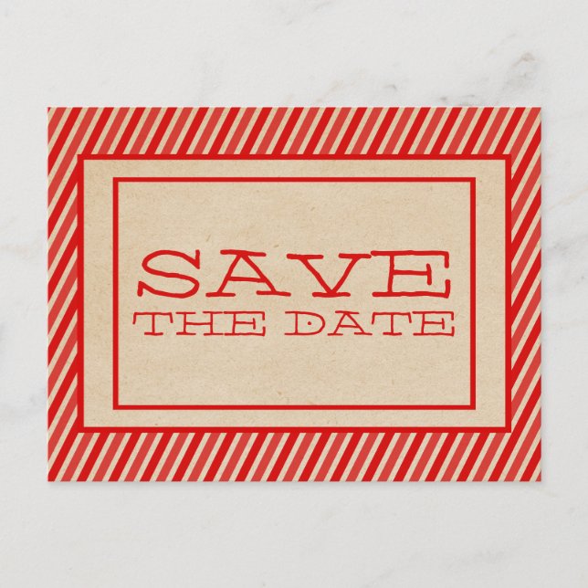 Red Trendy Stripes Save the Date Postcard (Front)