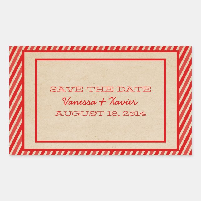 Red Trendy Stripes Save the Date Stickers (Front)