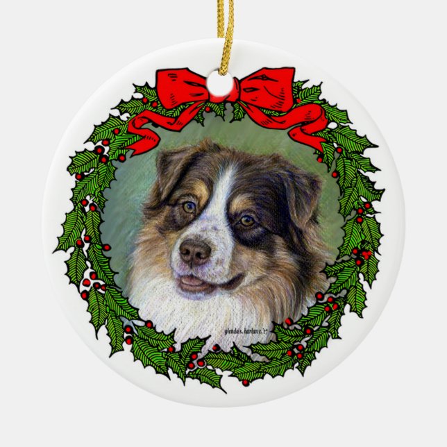 Red Tri Aussie Dog Art by Glenda S. Harlan Ceramic Ornament (Front)