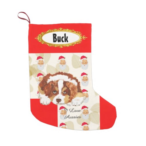 Red Tri Aussie Puppy wSanta Stocking