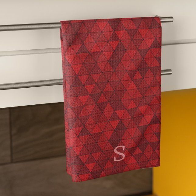 Red Triangles Geometric Pattern Custom Monogram Kitchen Towel (Creator Uploaded)