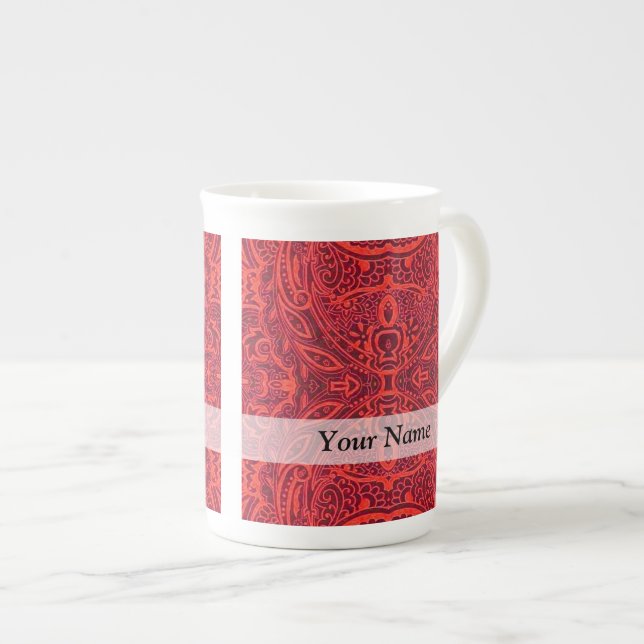 Red tribal damask pattern bone china mug (Front Right)