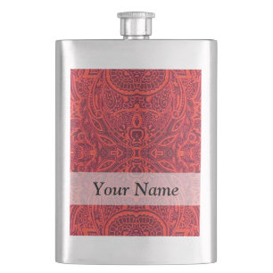 Red tribal damask pattern hip flask