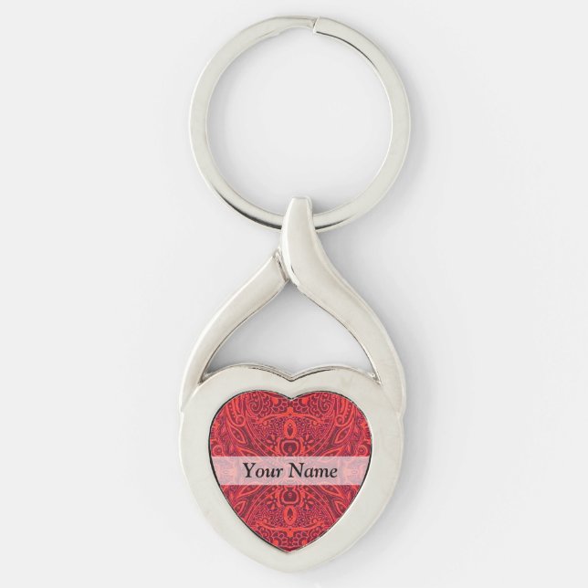 Red tribal damask pattern keychain (Front)