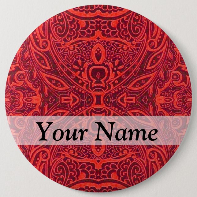 Red tribal damask pattern pinback button (Front)