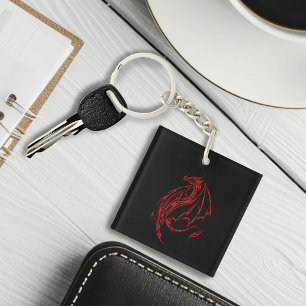 Red Tribal Dragon Black Keychain