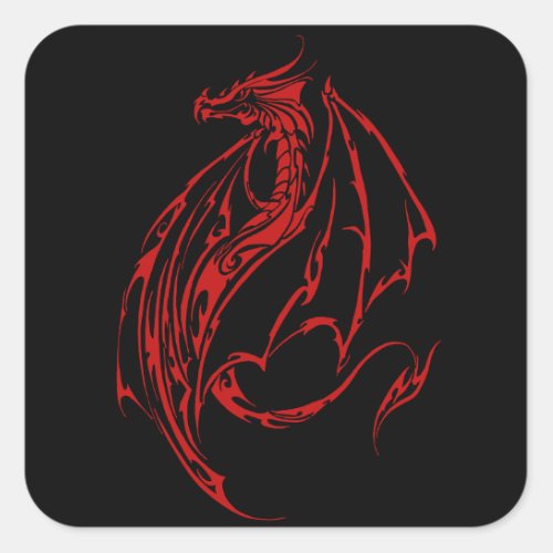 Red Tribal Dragon Black Square Sticker