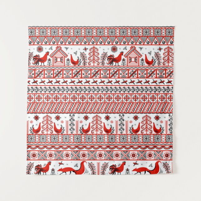 Red tribal ethnic seamless pattern tapestry (Front)
