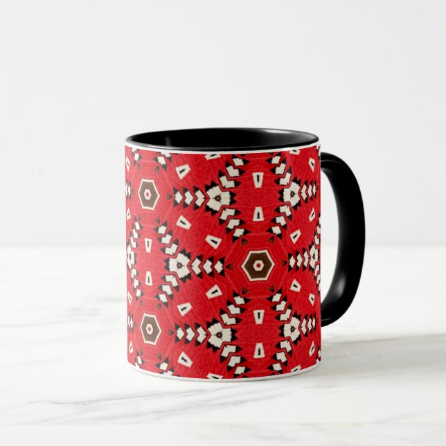 Red Tribal Kaleidoscope Mug with Black Interior (Front Right)