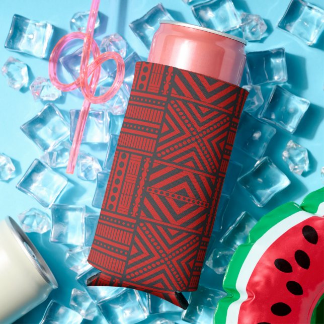 Red Tribal Pattern Art Seltzer Can Cooler (In Situ Summer)