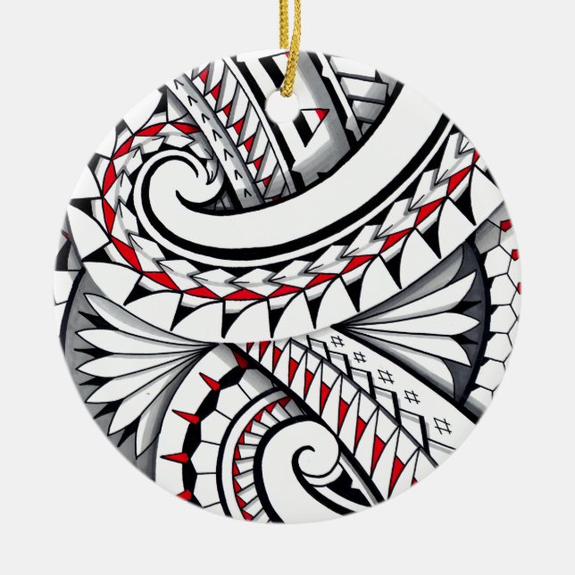 Red tribal polynesian patterns with shading ceramic ornament (Front)