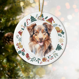 Red Tricolor Australian Shepherd Dog Wreath Ceramic Ornament