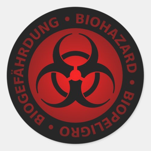 Red Trilingual Biohazard Warning Classic Round Sticker