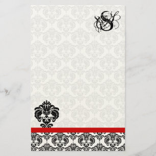 Red Trim Black Damask Monogram Stationery