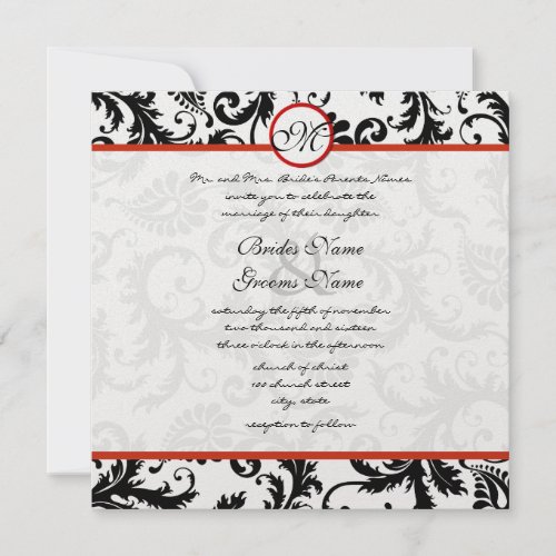Red Trim Black Damask Swirls Wedding Invitation