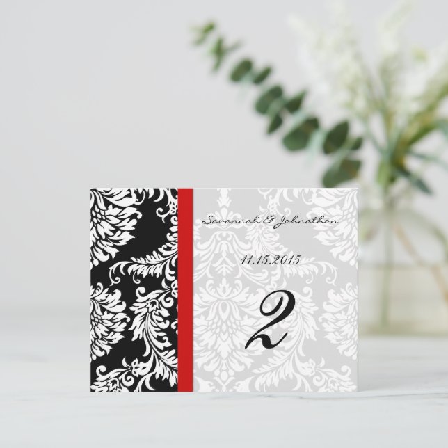 Red Trim Black Damask Table Number Cards (Standing Front)