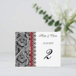 Red Trim Black Damask Table Number Cards