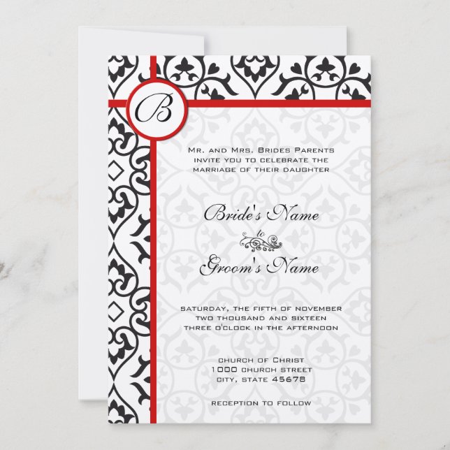 Red Trim Black Heart Damask Side Border Wedding Invitation (Front)