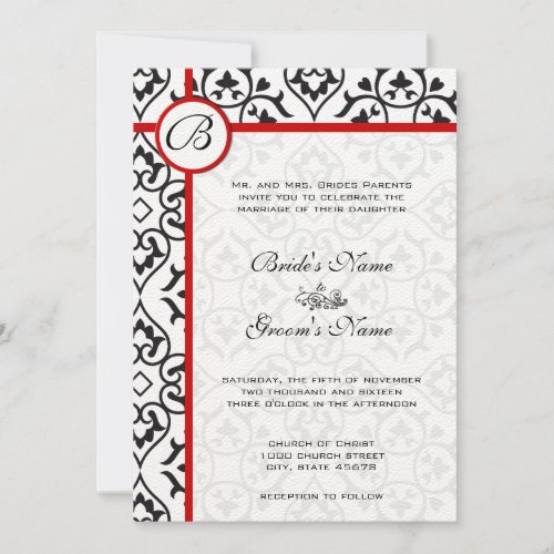 Red Trim Black Heart Damask Side Border Wedding Invitation