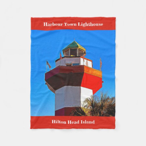 Red Trimmed Hilton Head Harbour Town Lighthouse Fleece Blanket