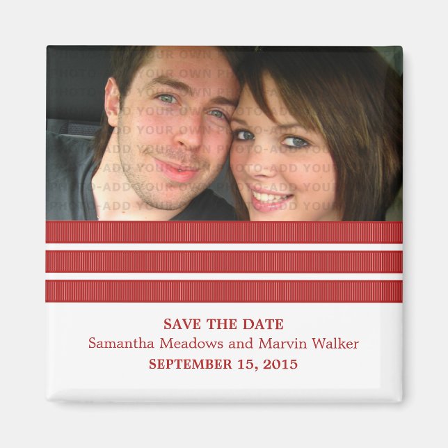 Red Triple Stripe Photo Save the Date Magnet (Front)