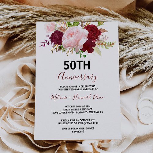 Red Tropical and Romantic 50TH Wedding Anniversary Invitation