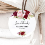 Red Tropical and Romantic Love & Thanks Wedding Classic Round Sticker<br><div class="desc">This red tropical and romantic love & thanks wedding classic round sticker is perfect for a destination wedding. The artistic bordo marsala design features  watercolor,  green,  pink,  burgundy and blush roses assorted with greenery neatly arranged in a graceful and radiant flower bouquet.</div>